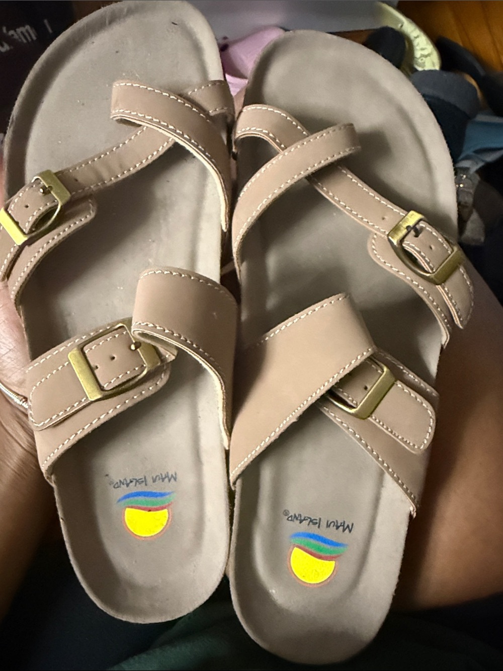 Tan Buckle Slide Sandals for Women